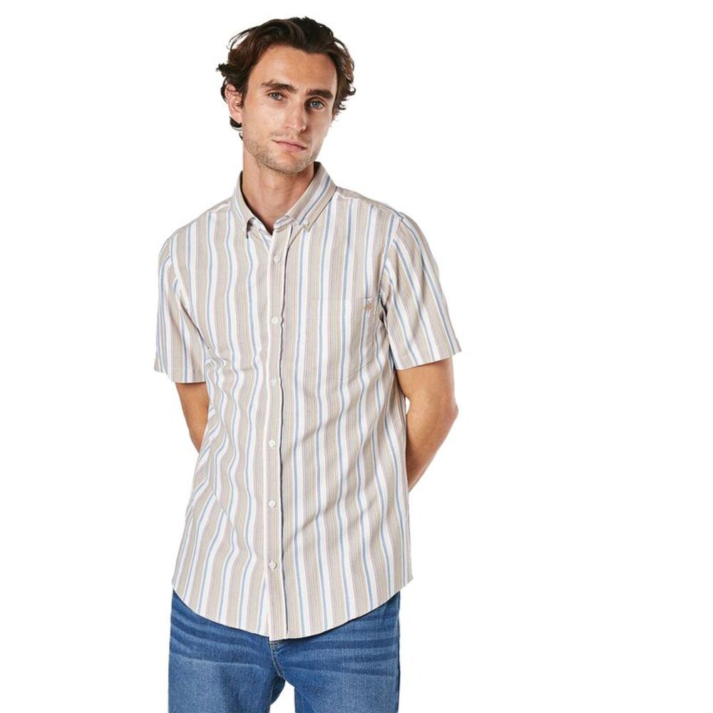 Maine Mens Stripe Oxford Short-Sleeved Shirt / Tan